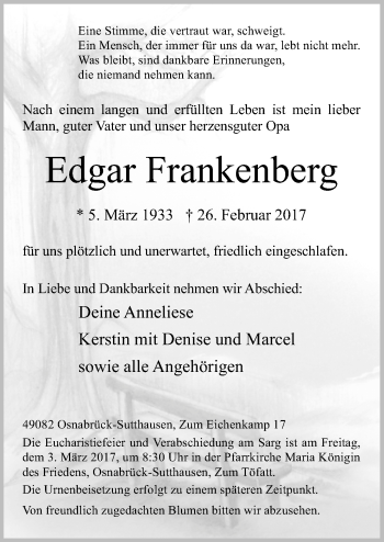 Traueranzeige von Edgar Frankenberg von Neue Osnabrücker Zeitung GmbH & Co. KG