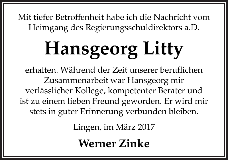  Traueranzeige für Hansgeorg Litty vom 18.03.2017 aus Neue Osnabrücker Zeitung GmbH & Co. KG