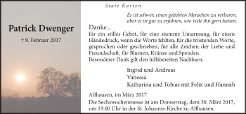 Traueranzeige von Patrick Dwenger von Neue Osnabrücker Zeitung GmbH & Co. KG