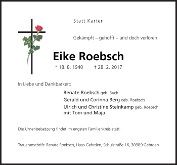 Traueranzeige von Eike Roebsch von Neue Osnabrücker Zeitung GmbH & Co. KG