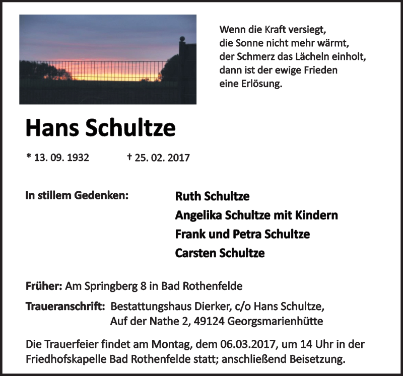  Traueranzeige für Hans Schultze vom 04.03.2017 aus Neue Osnabrücker Zeitung GmbH & Co. KG