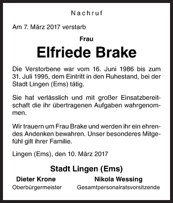 Traueranzeige von Elfriede Brake von Neue Osnabrücker Zeitung GmbH & Co. KG