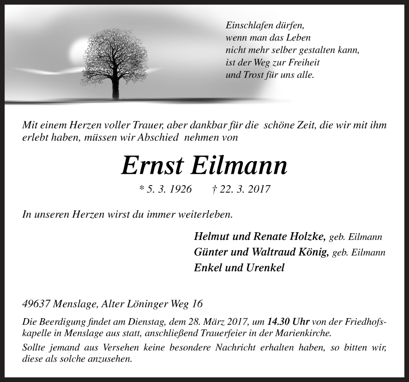  Traueranzeige für Ernst Eilmann vom 24.03.2017 aus Neue Osnabrücker Zeitung GmbH & Co. KG