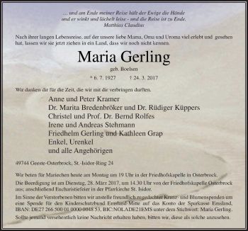 Traueranzeige von Maria Gerling von Neue Osnabrücker Zeitung GmbH & Co. KG