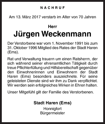 Traueranzeige von Jürgen Weckenmann von Neue Osnabrücker Zeitung GmbH & Co. KG