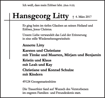 Traueranzeige von Hansgeorg Litty von Neue Osnabrücker Zeitung GmbH & Co. KG