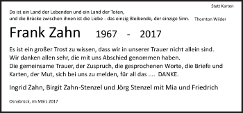 Traueranzeige von Frank Zahn von Neue Osnabrücker Zeitung GmbH & Co. KG