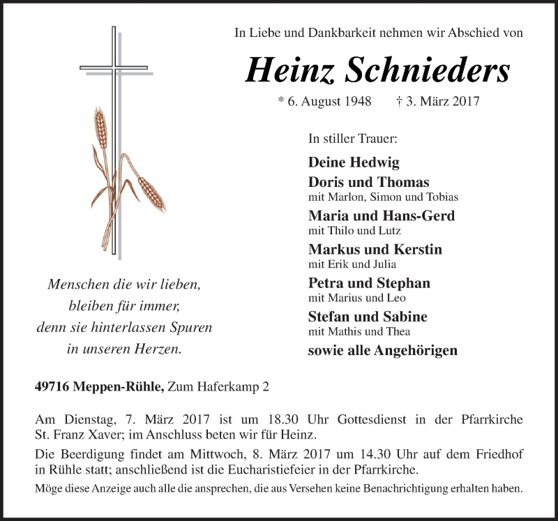  Traueranzeige für Heinz Schnieders vom 06.03.2017 aus Neue Osnabrücker Zeitung GmbH & Co. KG