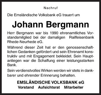 Traueranzeige von Johann Bergmann von Neue Osnabrücker Zeitung GmbH & Co. KG