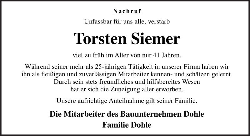  Traueranzeige für Torsten Siemer vom 01.03.2017 aus Neue Osnabrücker Zeitung GmbH & Co. KG