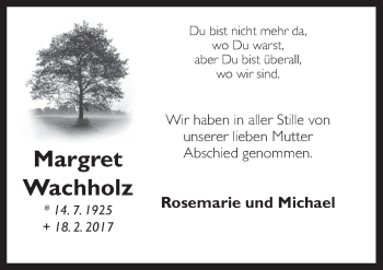 Traueranzeige von Margret Wachholz von Neue Osnabrücker Zeitung GmbH & Co. KG