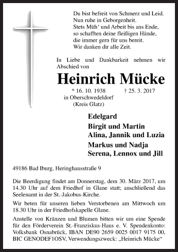 Traueranzeige von Heinrich Mücke von Neue Osnabrücker Zeitung GmbH & Co. KG