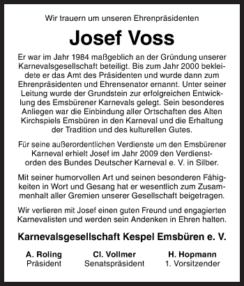 Traueranzeige von Josef Voss von Neue Osnabrücker Zeitung GmbH & Co. KG