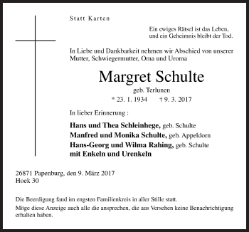 Traueranzeige von Margret Schulte von Neue Osnabrücker Zeitung GmbH & Co. KG