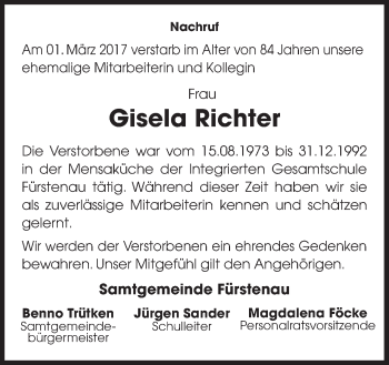 Traueranzeige von Gisela Richter von Neue Osnabrücker Zeitung GmbH & Co. KG
