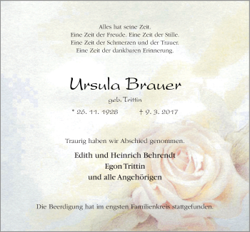 Traueranzeige von Ursula Brauer von Neue Osnabrücker Zeitung GmbH & Co. KG