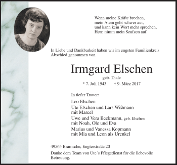 Traueranzeige von Irmgard Elschen von Neue Osnabrücker Zeitung GmbH & Co. KG