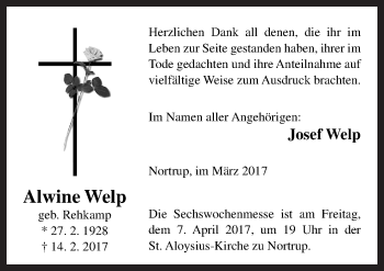 Traueranzeige von Alwine Welp von Neue Osnabrücker Zeitung GmbH & Co. KG
