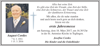 Traueranzeige von August Cordes von Neue Osnabrücker Zeitung GmbH & Co. KG