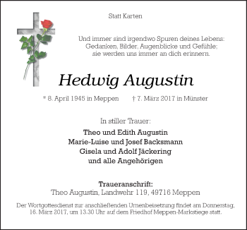 Traueranzeige von Hedwig Augustin von Neue Osnabrücker Zeitung GmbH & Co. KG