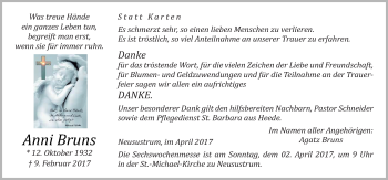 Traueranzeige von Anni Bruns von Neue Osnabrücker Zeitung GmbH & Co. KG