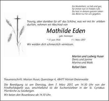 Traueranzeige von Mathilde Eden von Neue Osnabrücker Zeitung GmbH & Co. KG