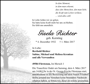 Traueranzeige von Gisela Richter von Neue Osnabrücker Zeitung GmbH & Co. KG