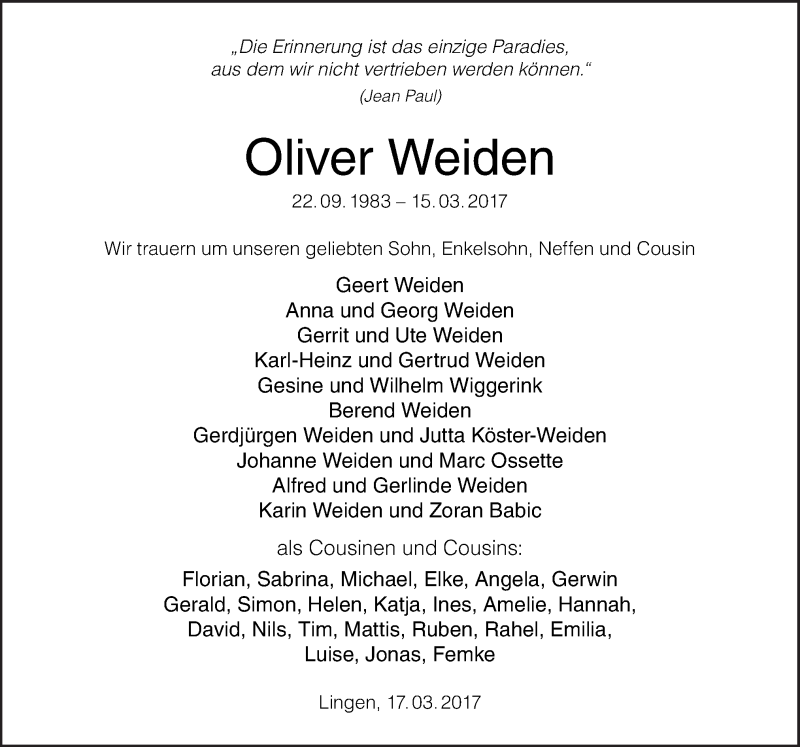  Traueranzeige für Oliver Weiden vom 20.03.2017 aus Neue Osnabrücker Zeitung GmbH & Co. KG