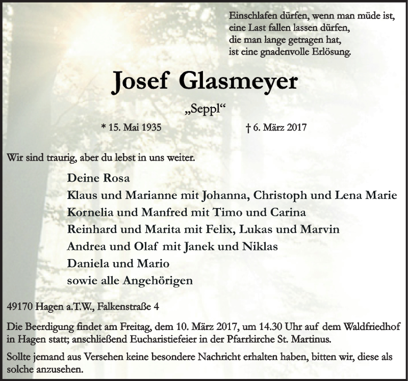  Traueranzeige für Josef Glasmeyer vom 08.03.2017 aus Neue Osnabrücker Zeitung GmbH & Co. KG