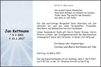 Traueranzeige von Jan Kettmann von Neue Osnabrücker Zeitung GmbH & Co. KG