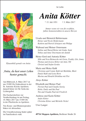 Traueranzeige von Anita Kötter von Neue Osnabrücker Zeitung GmbH & Co. KG