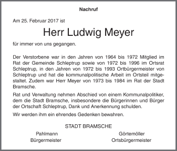 Traueranzeige von Ludwig Meyer von Neue Osnabrücker Zeitung GmbH & Co. KG