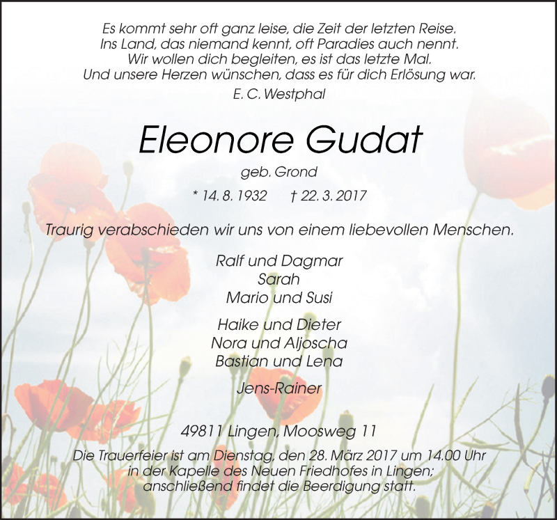  Traueranzeige für Eleonore Gudat vom 25.03.2017 aus Neue Osnabrücker Zeitung GmbH & Co. KG