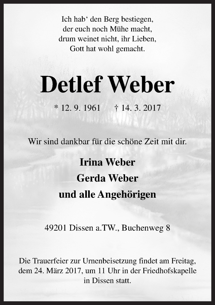  Traueranzeige für Detlef Weber vom 21.03.2017 aus Neue Osnabrücker Zeitung GmbH & Co. KG