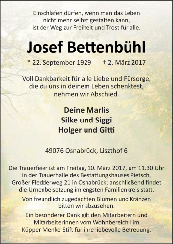 Traueranzeige von Josef Bettenbühl von Neue Osnabrücker Zeitung GmbH & Co. KG
