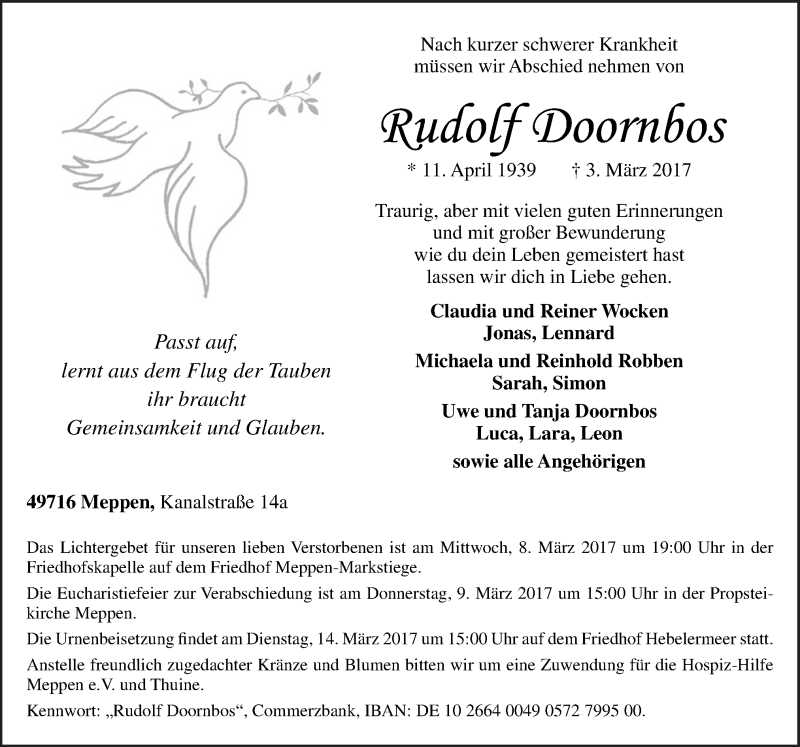 Traueranzeige für Rudolf Doornbos vom 06.03.2017 aus Neue Osnabrücker Zeitung GmbH & Co. KG