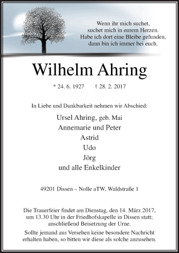 Traueranzeige von Wilhelm Ahring von Neue Osnabrücker Zeitung GmbH & Co. KG