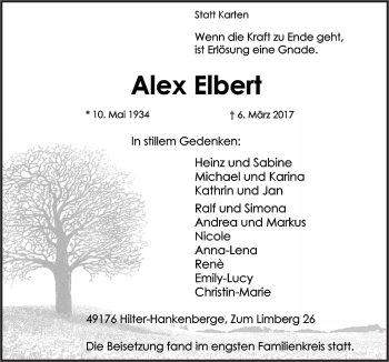Traueranzeige von Alex Elbert von Neue Osnabrücker Zeitung GmbH & Co. KG
