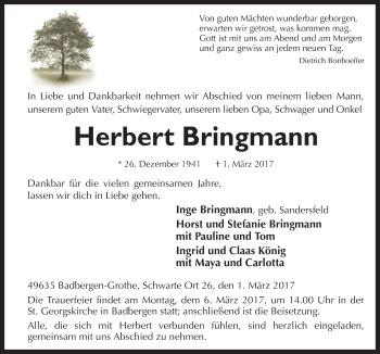 Traueranzeige von Herbert Bringmann von Neue Osnabrücker Zeitung GmbH & Co. KG