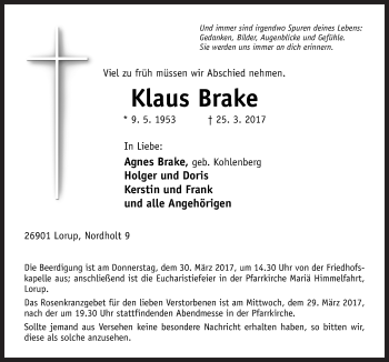 Traueranzeige von Klaus Brake von Neue Osnabrücker Zeitung GmbH & Co. KG