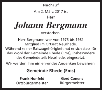 Traueranzeige von Johann Bergmann von Neue Osnabrücker Zeitung GmbH & Co. KG