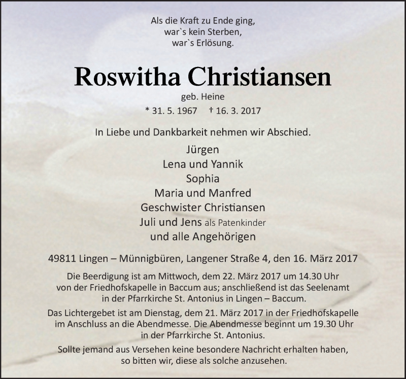  Traueranzeige für Roswitha Christiansen vom 20.03.2017 aus Neue Osnabrücker Zeitung GmbH & Co. KG