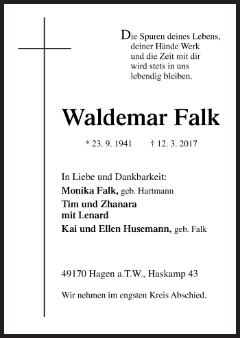 Traueranzeige von Waldemar Falk von Neue Osnabrücker Zeitung GmbH & Co. KG