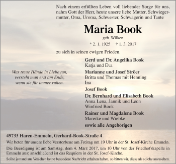 Traueranzeige von Maria Book von Neue Osnabrücker Zeitung GmbH & Co. KG