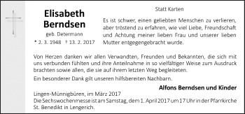 Traueranzeige von Elisabeth Berndsen von Neue Osnabrücker Zeitung GmbH & Co. KG