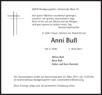 Traueranzeige von Anni Buß von Neue Osnabrücker Zeitung GmbH & Co. KG