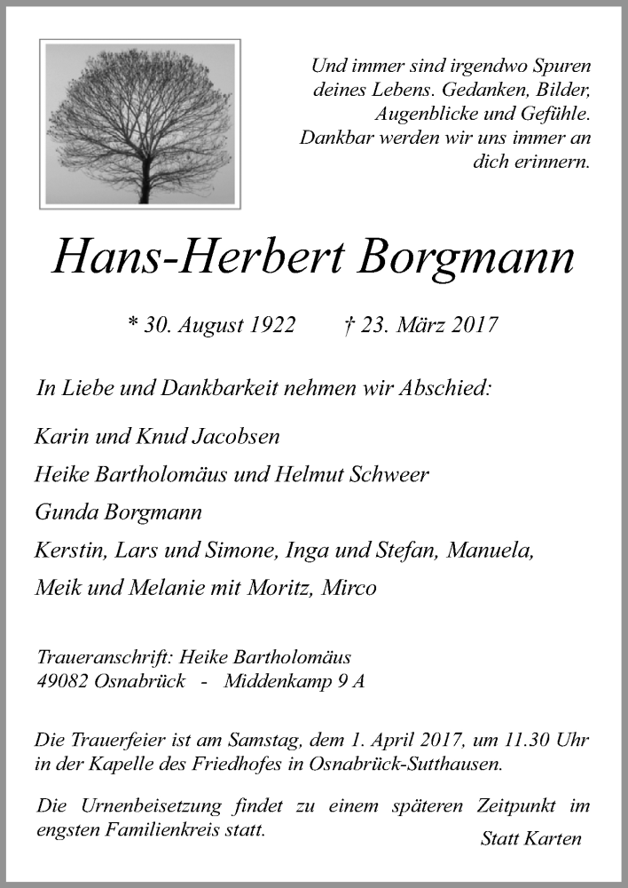  Traueranzeige für Hans-Herbert Borgmann vom 29.03.2017 aus Neue Osnabrücker Zeitung GmbH & Co. KG