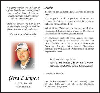 Traueranzeige von Gerd Lampen von Neue Osnabrücker Zeitung GmbH & Co. KG