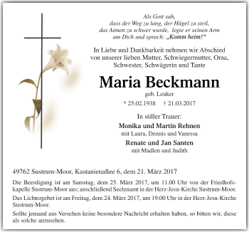 Traueranzeige von Maria Beckmann von Neue Osnabrücker Zeitung GmbH & Co. KG