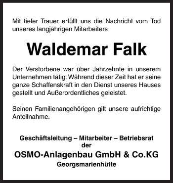 Traueranzeige von Waldemar Falk von Neue Osnabrücker Zeitung GmbH & Co. KG